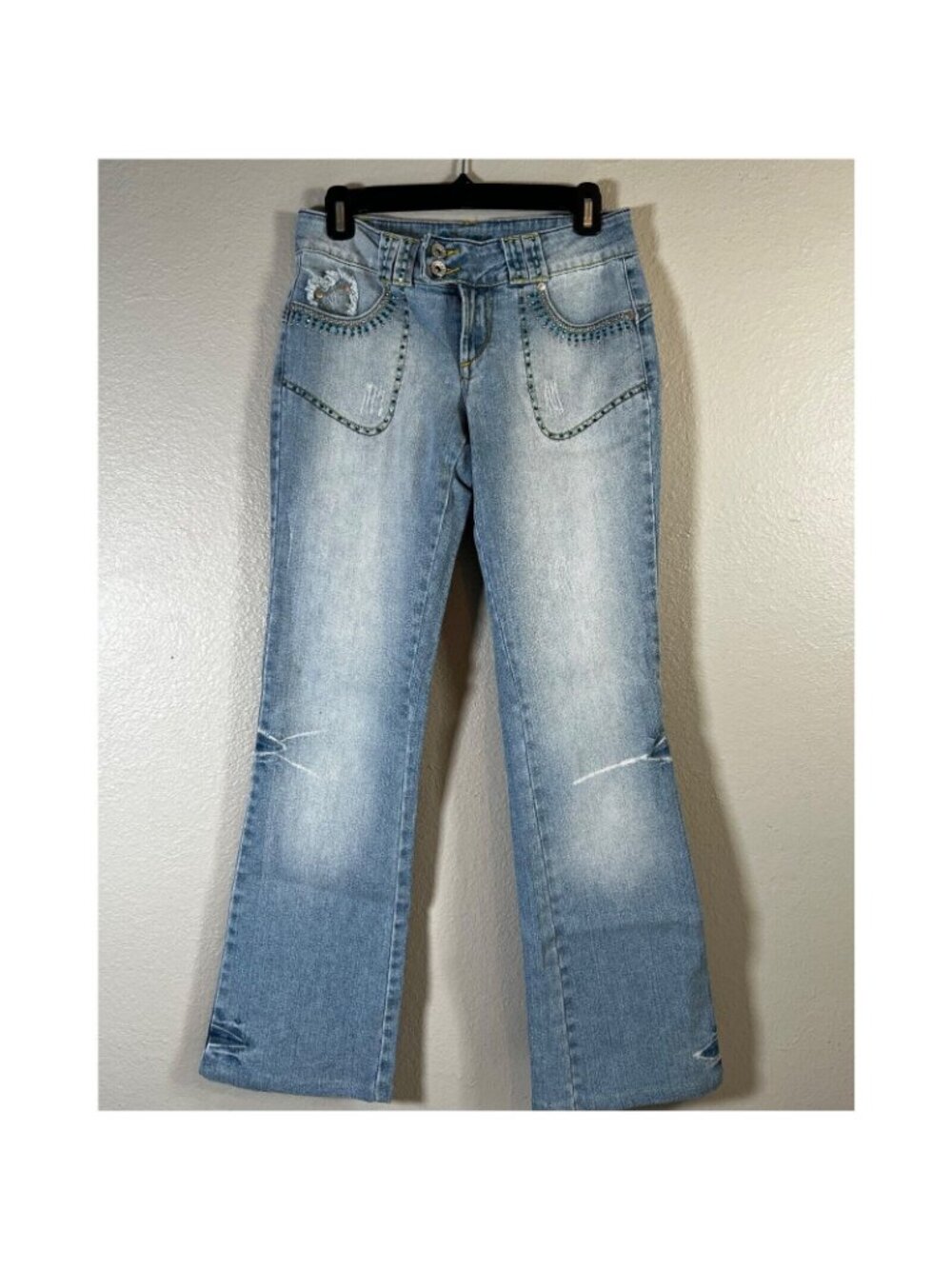 Ab Womens Boot Cut Jeans Blue Juniors 7 Distressed Rhinestone Light Low Rise Y2K - Picture 2 of 11